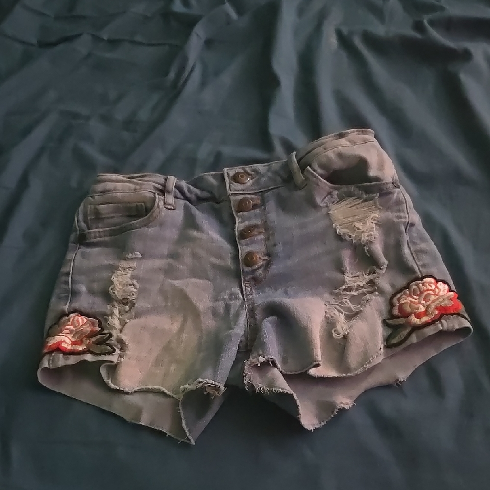 Women's Distressed Denim Shorts with Floral Embroidery